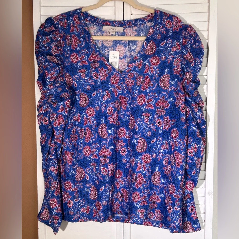 Ann Taylor LOFT Size XL NWT Garden Shirred Puff Long Sleeve Top Cerulean Star